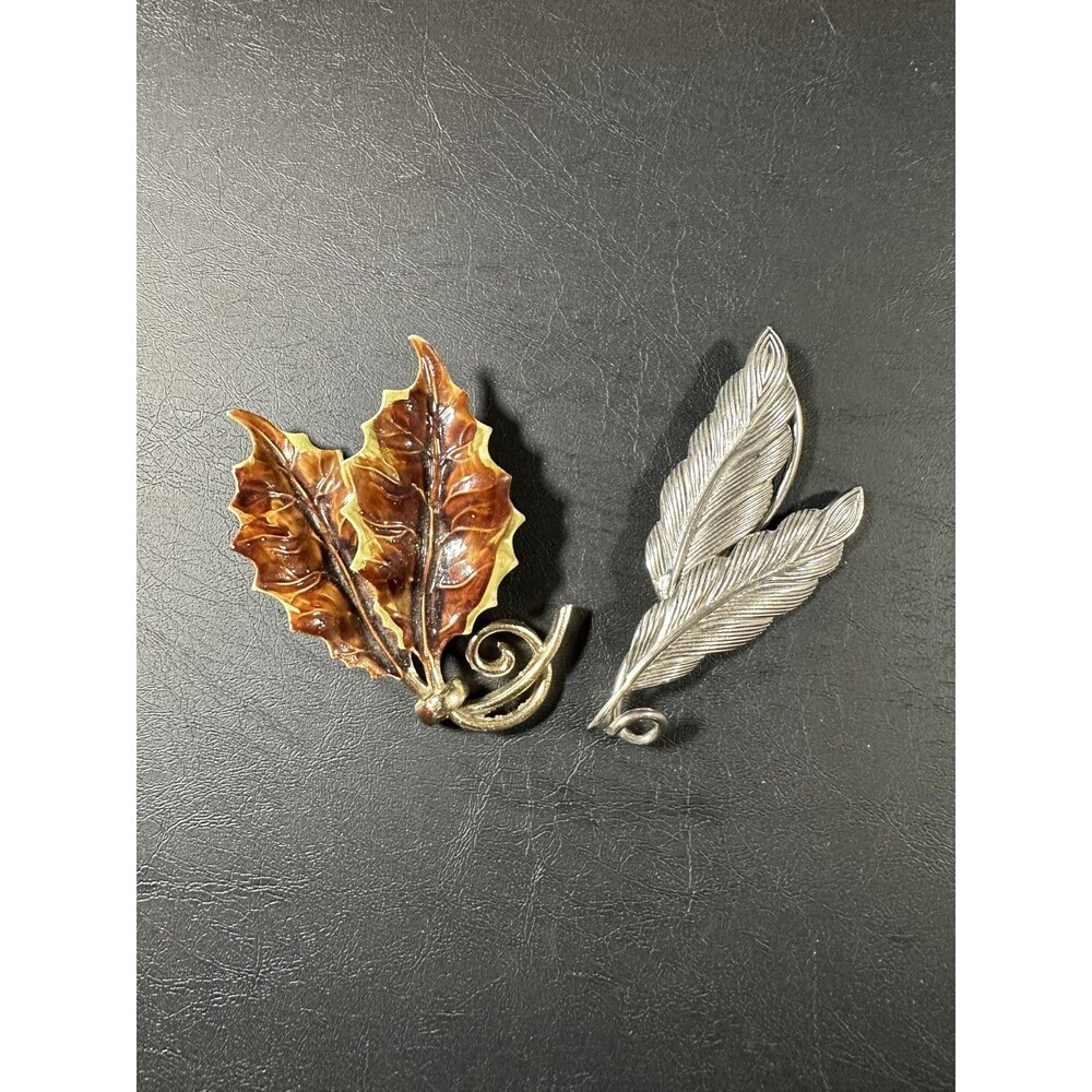 Lot of 2 Vintage Leaf Brooches Pins Silver and Autumn Colors